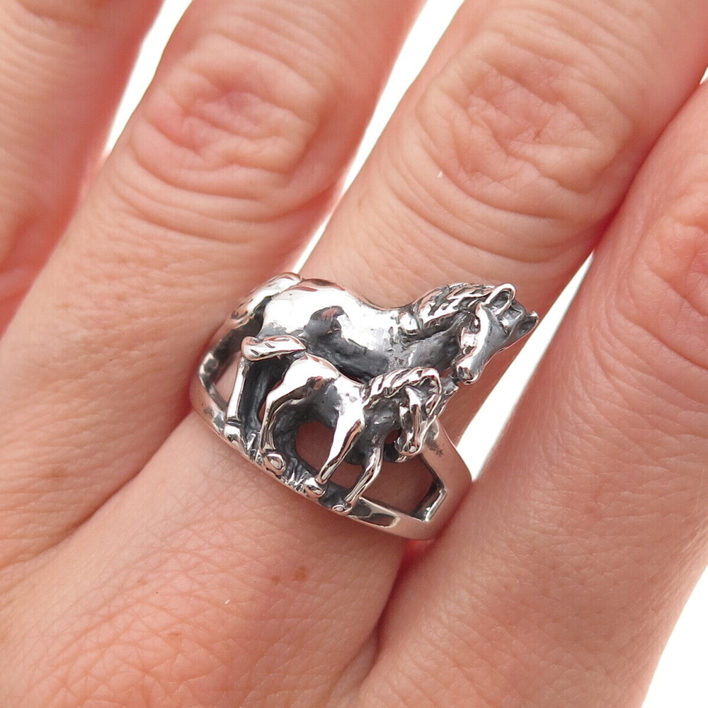 Ted Ott 925 Sterling Silver Vintage Mom & Child Horse Oxidized Ring Size 8